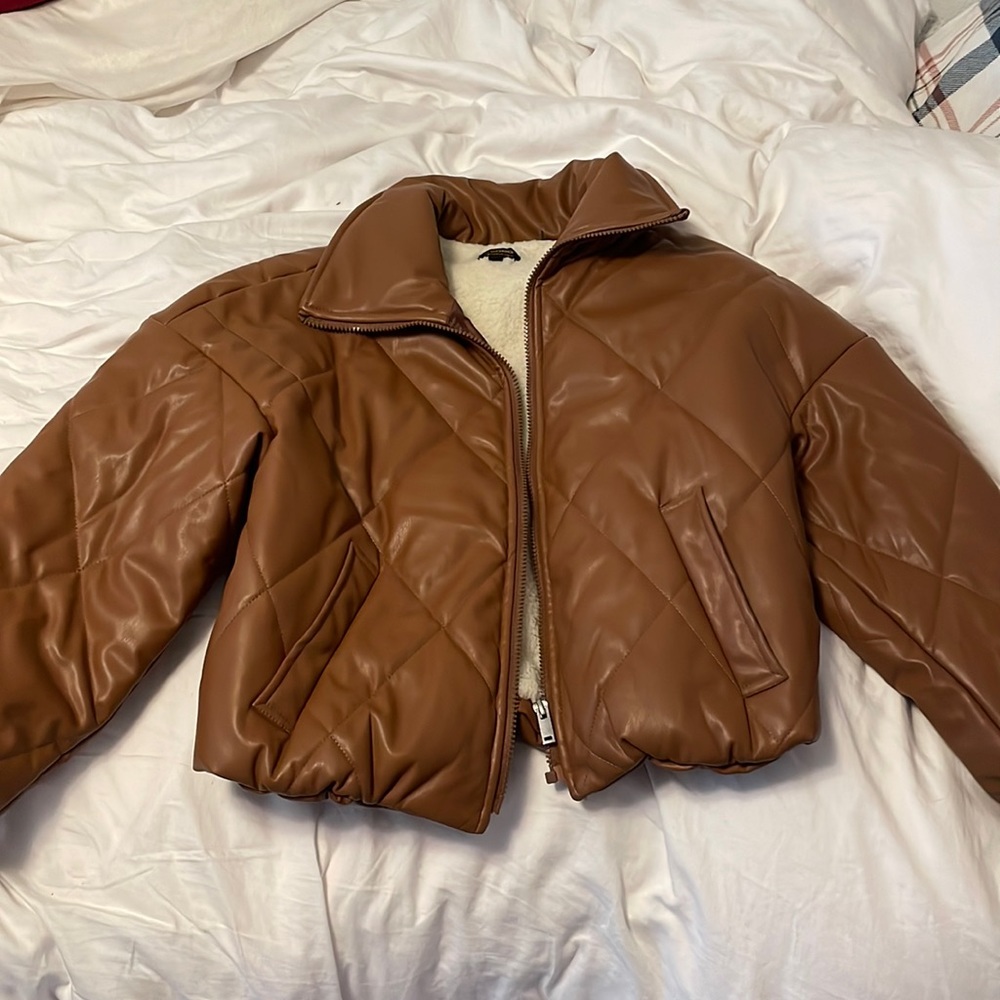 Brown leather puffer jacket